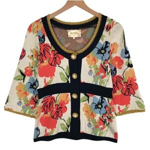 Anthropologie Lia Molly Crochet Trim Cardigan Women's Sz S Floral Organic Cotton